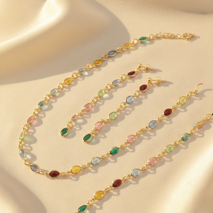 colourful multi gemstone necklace, rainbow gemstone necklace, 18ct gold plated gemstone necklace, multi gemstone gold necklace, colourful gold plated necklace, rainbow birthstone necklace, luxury gemstone necklace, multicoloured crystal necklace, gemstone necklace gift for women, colourful necklace for layering,