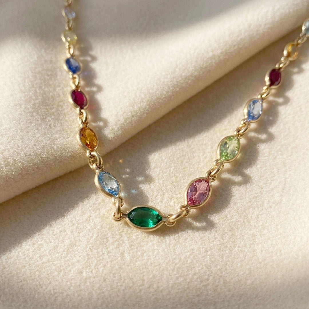 colourful multi gemstone necklace, rainbow gemstone necklace, 18ct gold plated gemstone necklace, multi gemstone gold necklace, colourful gold plated necklace, rainbow birthstone necklace, luxury gemstone necklace, multicoloured crystal necklace, gemstone necklace gift for women, colourful necklace for layering,