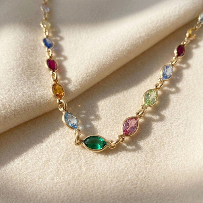 colourful multi gemstone necklace, rainbow gemstone necklace, 18ct gold plated gemstone necklace, multi gemstone gold necklace, colourful gold plated necklace, rainbow birthstone necklace, luxury gemstone necklace, multicoloured crystal necklace, gemstone necklace gift for women, colourful necklace for layering,