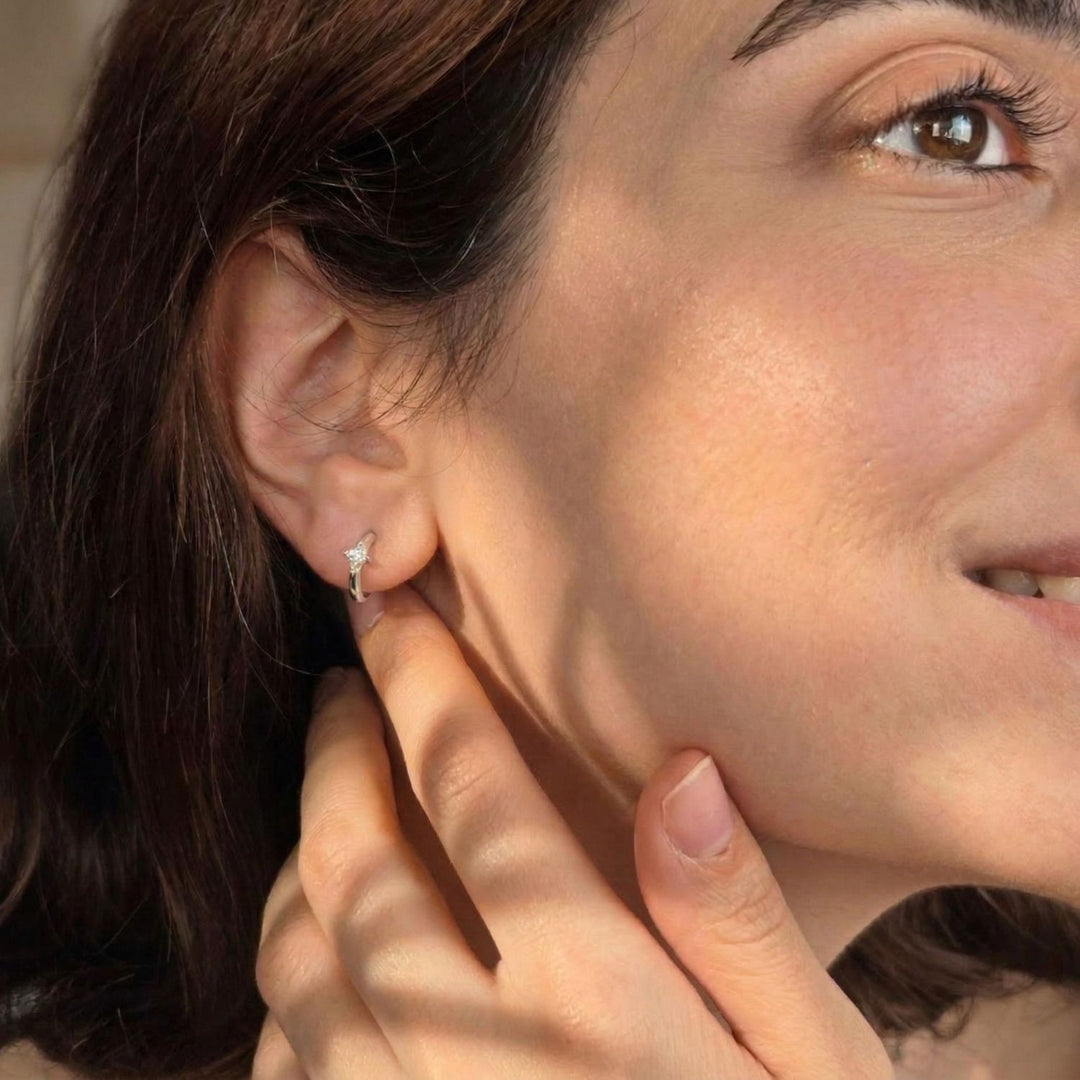 Small Diamond Huggie Minimalist Silver Hoop Earrings