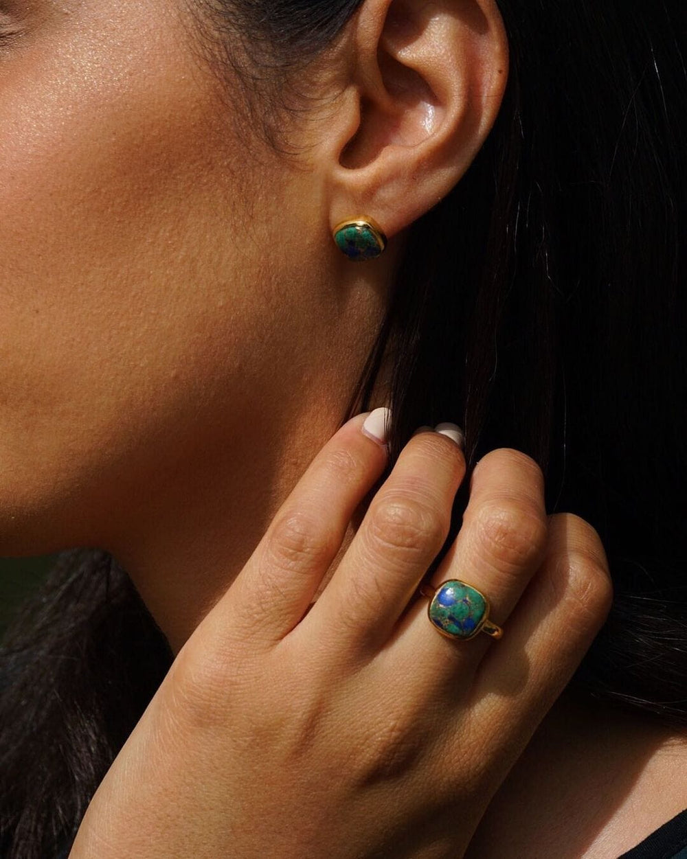 Azurite Gold Plated Sterling Silver Round Gemstone Ring - May Birthstone Ring