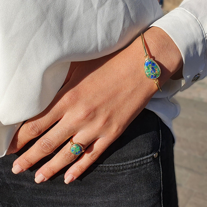 Azurite Gold Plated Sterling Silver Round Gemstone Ring - May Birthstone Ring